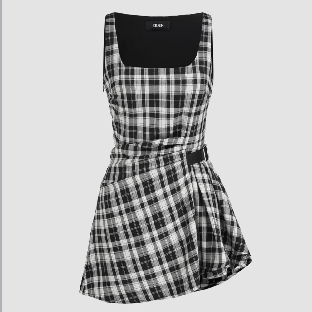 Cider Plaid Black and White Ruched Mini Dress - Picture 4 of 7